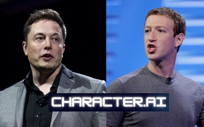 Elon Musk (trái) và Mark Zuckerberg cùng logo Character.AI. Ảnh: Reuters/AP/Character.AI