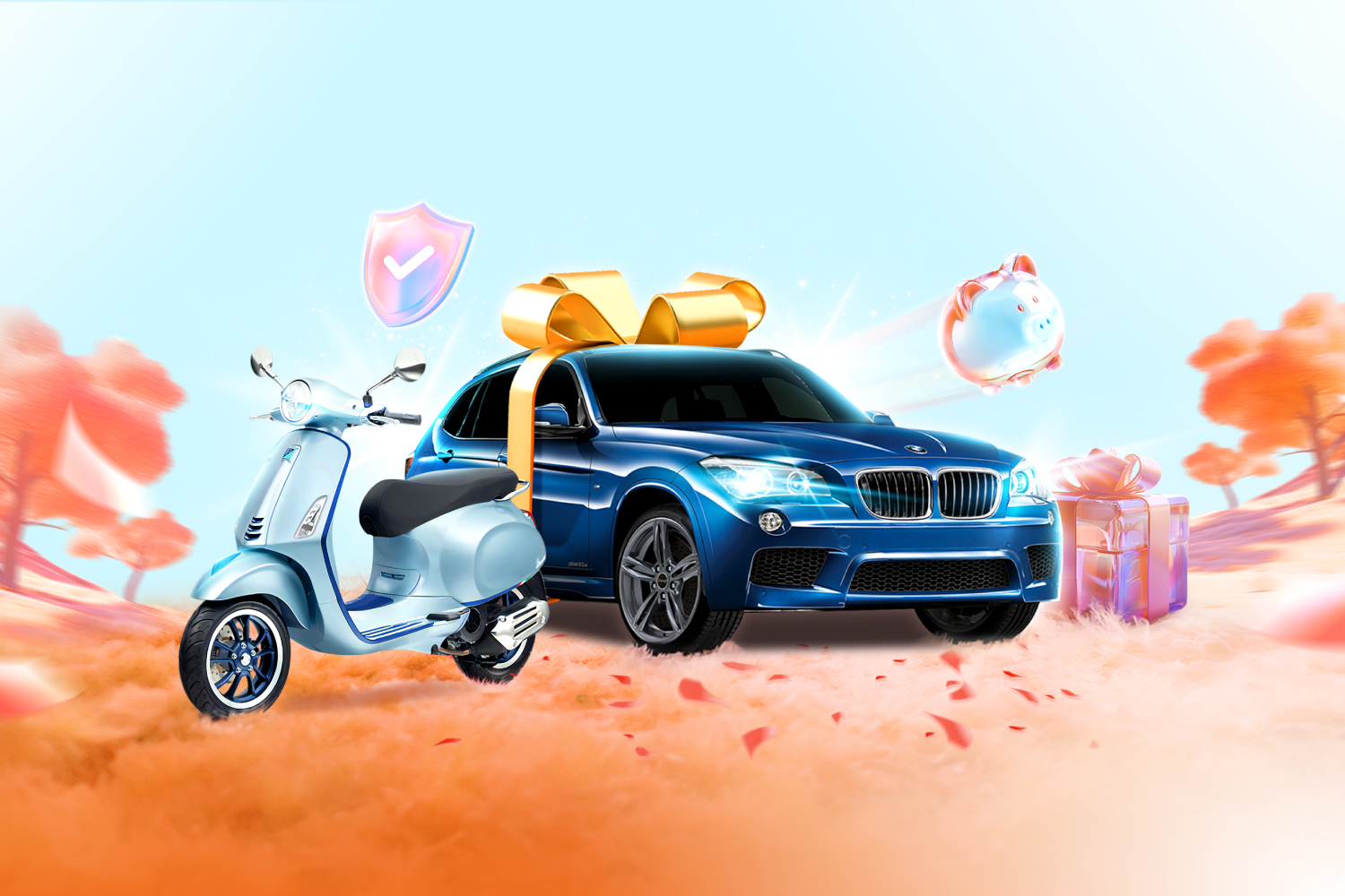 Xe ôtô BMW X3 M-sport và xe Vespa Primavera S125 là hai giải thưởng giá trị cao nhất của chương trình. Ảnh: Sacombank