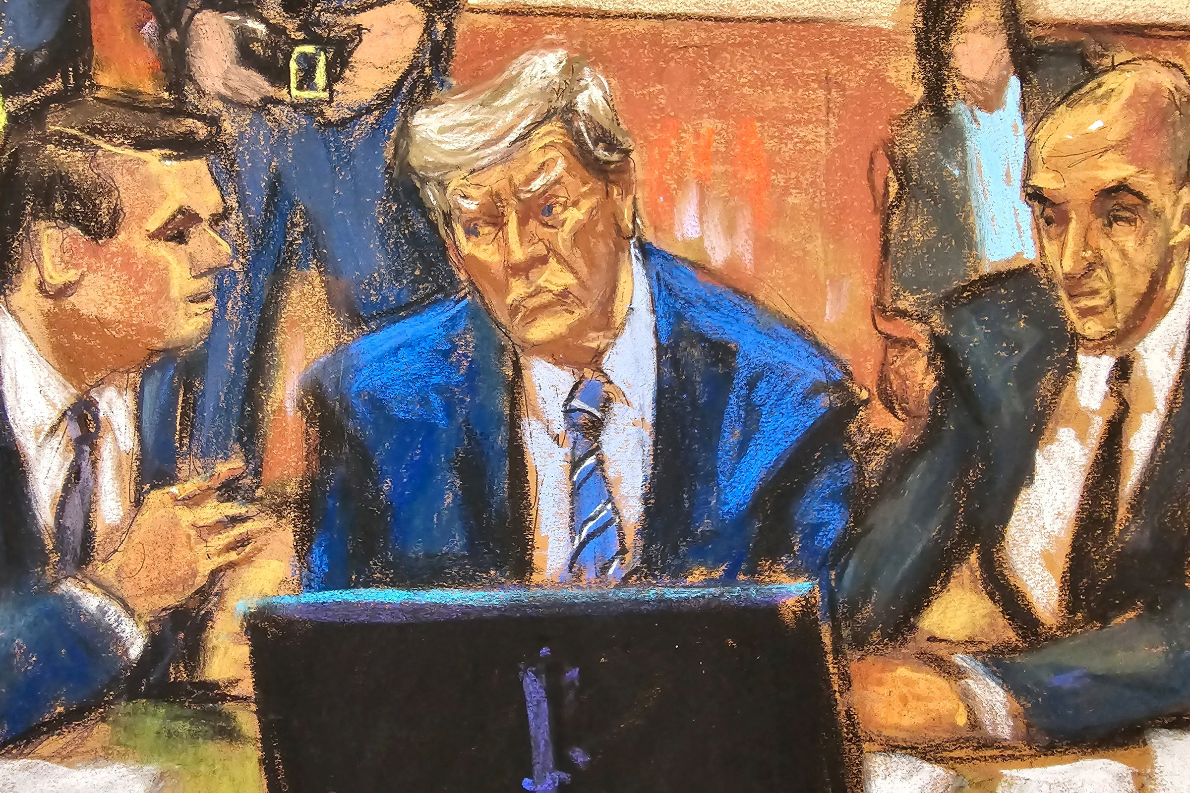 Ký họa cựu tổng thống Donald Trump cùng các luật sư trong phiên tòa ngày 16/4 tại tòa hình sự Manhattan, New York. Ảnh: Reuters