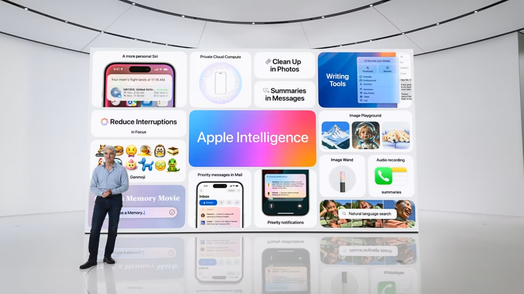 Craig Federigh, phó chủ tịch cấp cao của Apple, giới thiệu Apple Intelligence tại WWDC 2024. Ảnh: Apple