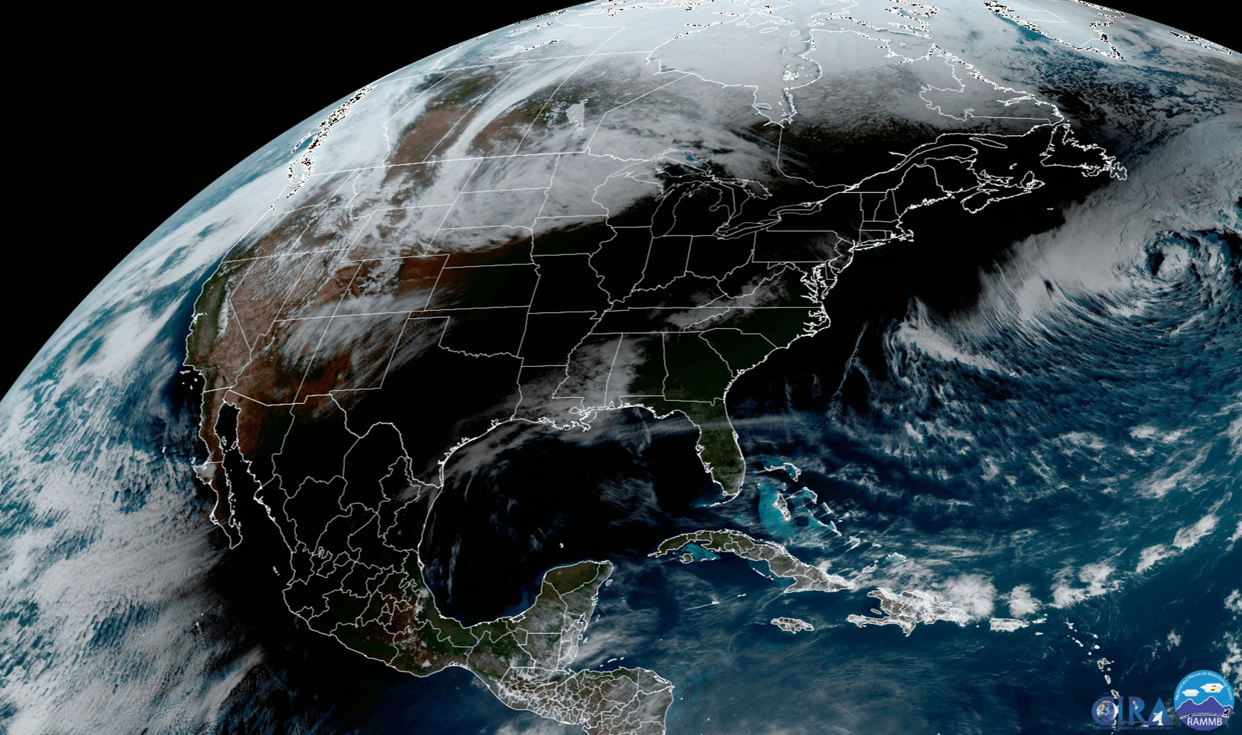 Bóng nhật thực di chuyển qua Bắc Mỹ ngày 8/4 nhìn từ vệ tinh. Ảnh: RAMMB/CIRA