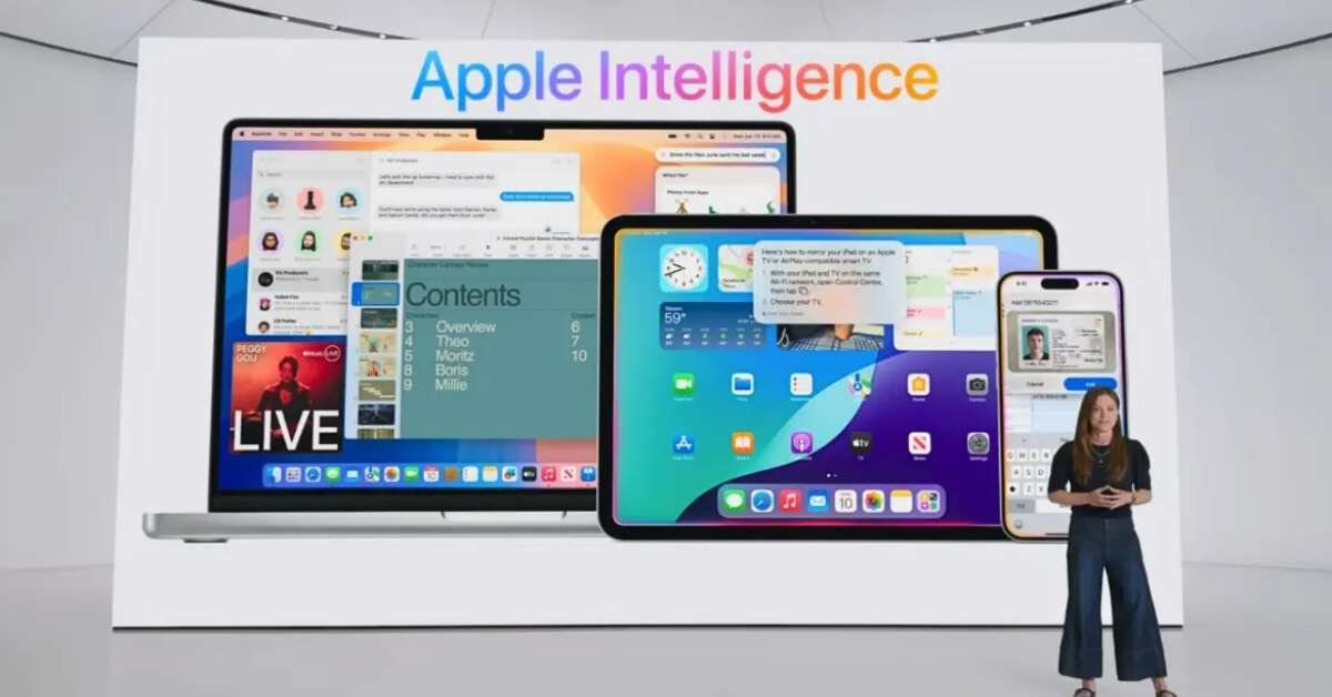 Đại diện Apple giới thiệu các thiết bị tương thích với Apple Intelligence tại sự kiện WWDC 2024. Ảnh: Apple