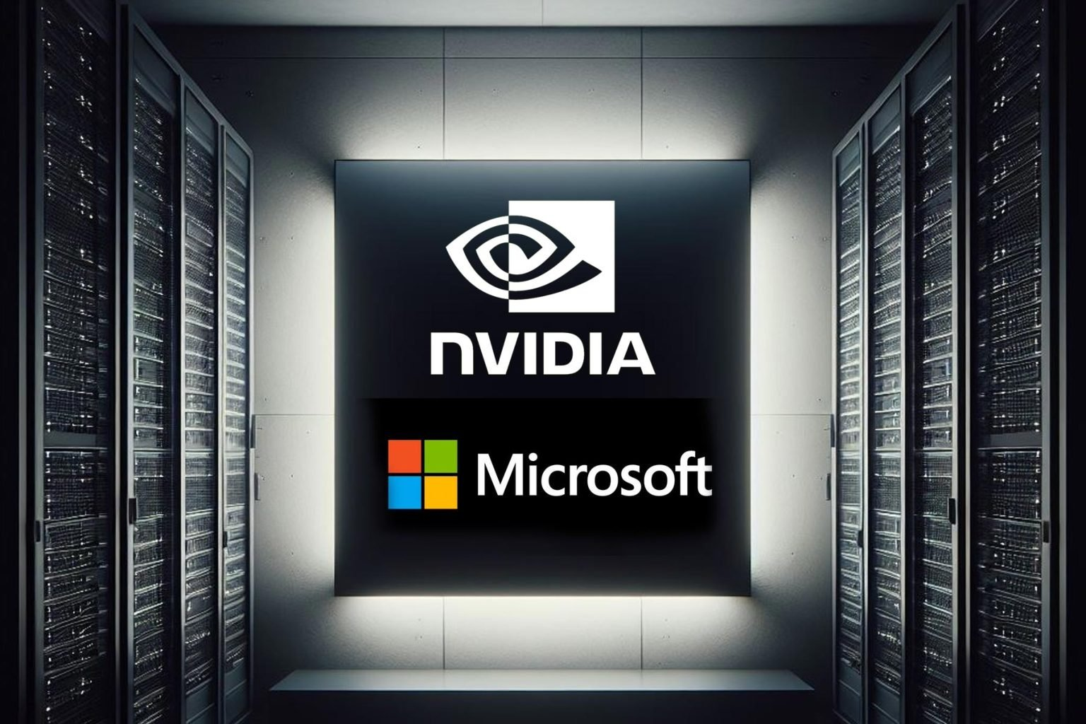 Minh họa về một hệ thống máy chủ, giữa là logo của Nvidia và Microsoft. Ảnh: Windows Report