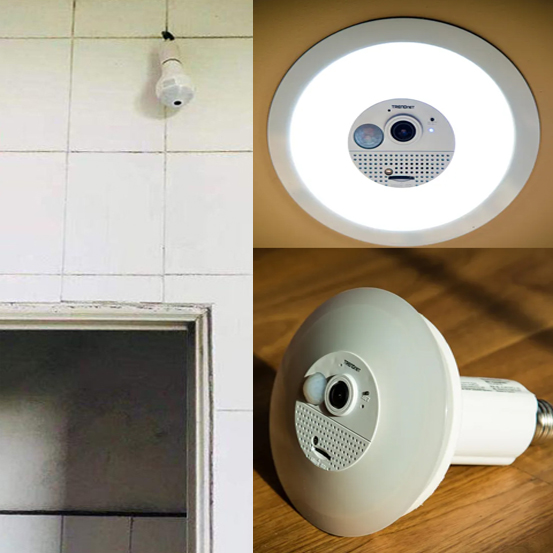 Camera trên đèn LED nhà ông Vương (trái) và một số mẫu bóng đèn có chứa camera. Ảnh: Jcrb/CNet