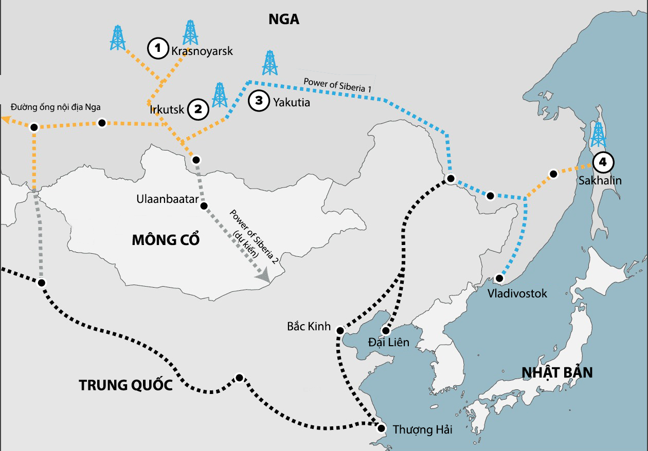 Hệ thống đường ống Sức mạnh Siberia 1 (Power of Siberia 1) và Sức mạnh Siberia 2 (Power of Siberia 2) chuyển khí đốt từ Nga tới Trung Quốc. Đồ họa: CNBC