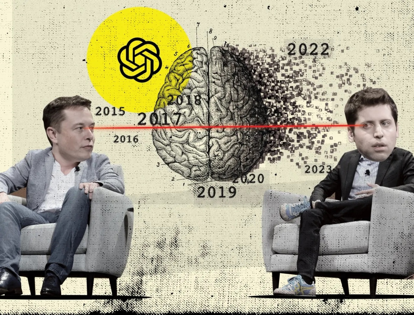 Elon Musk (trái) và Sam Altman (phải) là đồng sáng lập của OpenAI. Minh họa: Semafor