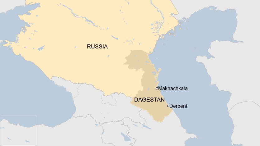 Vị trí thủ phủ Makhachkala và thành phố Derbent, Cộng hòa Dagestan thuộc Nga. Đồ họa: BBC