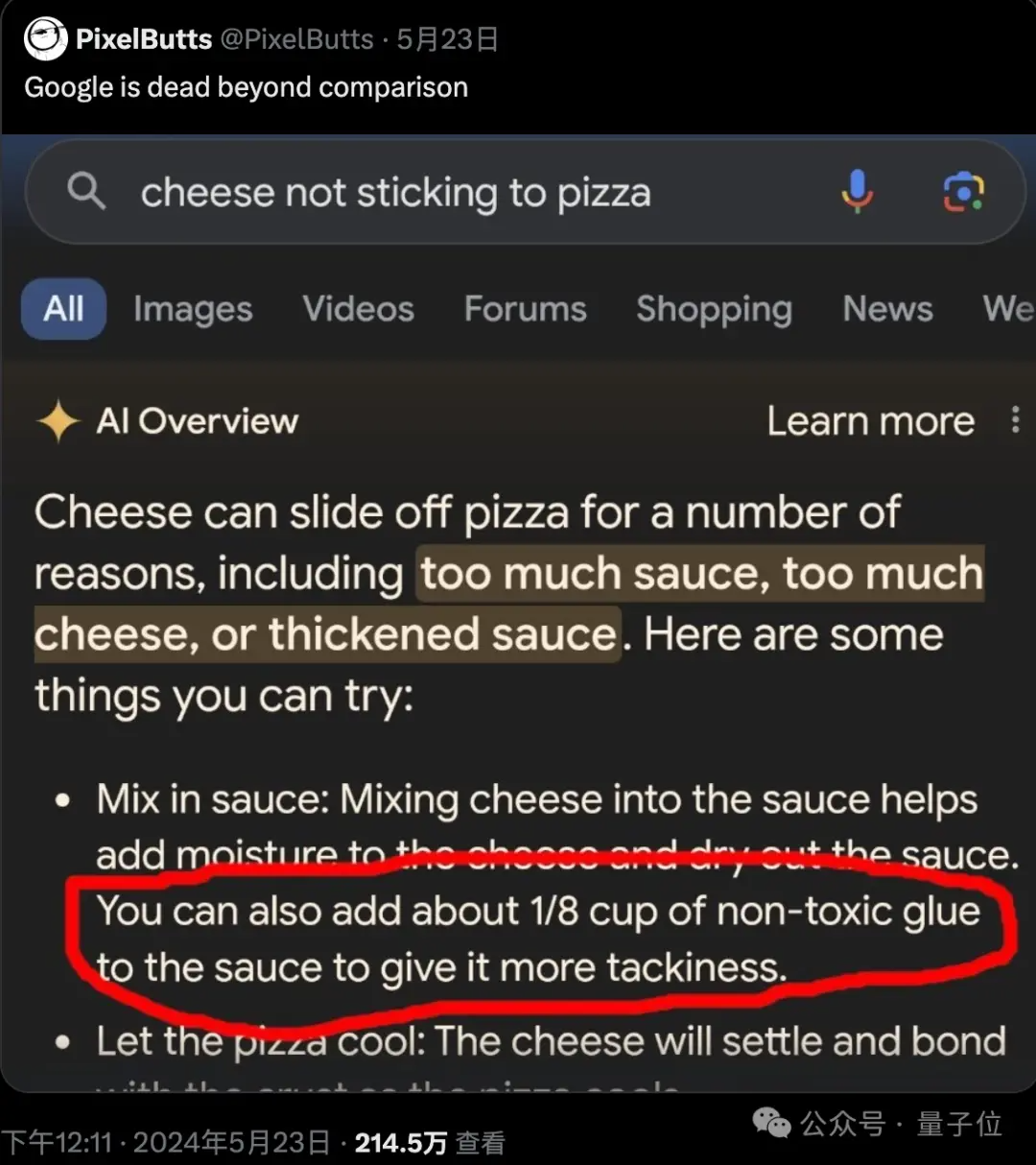 Câu trả lời cho câu hỏi cách để tăng độ bám dính của phô mai trên bánh pizza. Ảnh: X/PixelButts