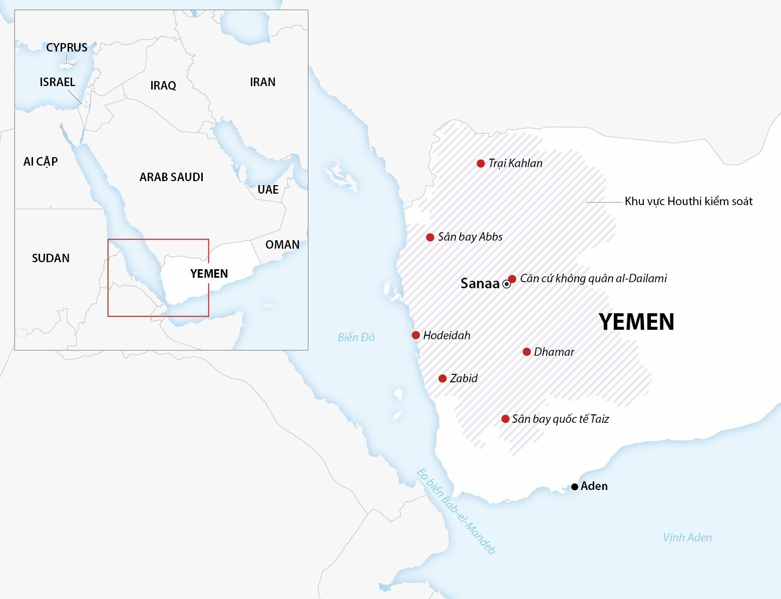 Khu vực lực lượng Houthi kiểm soát tại Yemen. Đồ họa: AFP