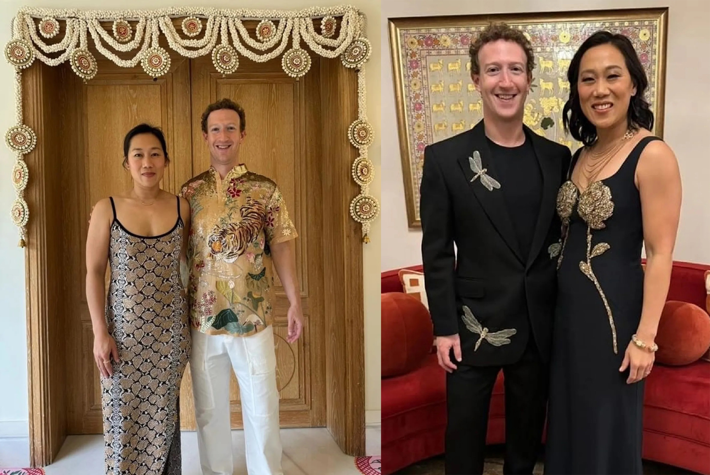 Một số sự kiện yêu cầu trang phục trang trọng hơn, Zuckerberg mặc áo vest. Tuy nhiên, ông cũng không từ chối mặc các bộ đồ tùy theo bối cảnh. Chẳng hạn, trong buổi lễ trước đám cưới vào tháng 3 của gia đình giàu nhất Ấn Độ Ambani, Zuckerberg và vợ Priscilla Chan đều mặc đồ đen, điểm nhấn bằng họa tiết vàng và cài một con chuồn chuồn trên ve áo. Ảnh: zuck/Instagram