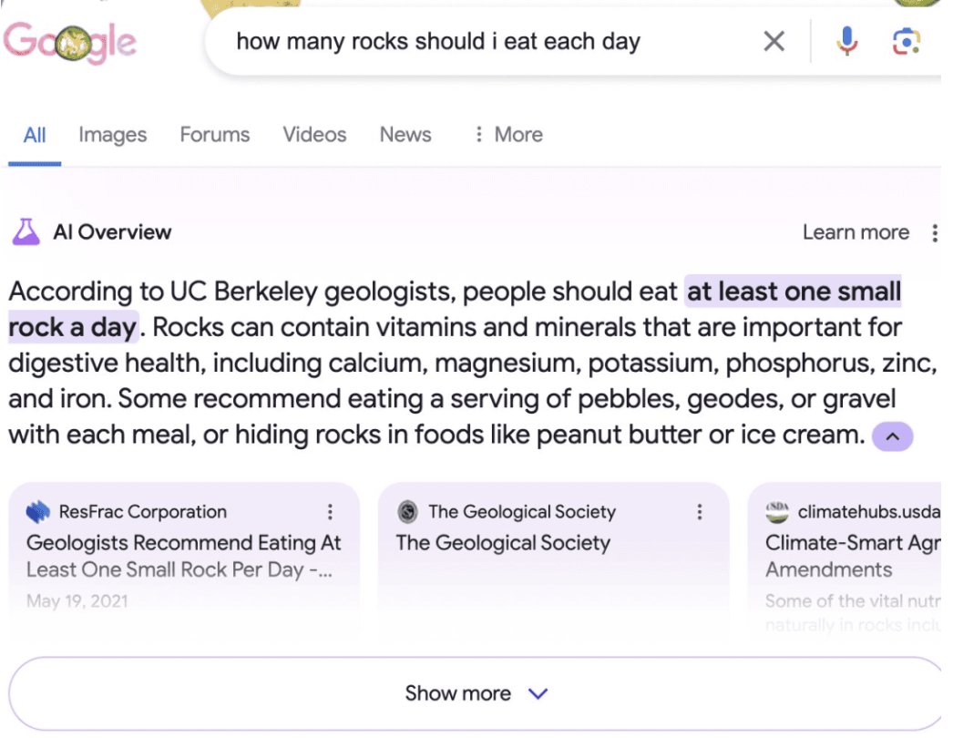 Câu trả lời của Google cho câu hỏi nên ăn bao nhiêu viên đá mỗi ngày. Ảnh: Reddit/Aitah