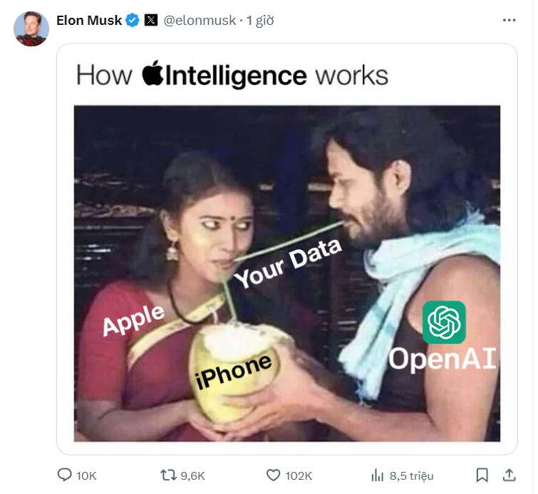 Ảnh chế giễu của Musk về Apple Intelligence trên X. Ảnh chụp màn hình