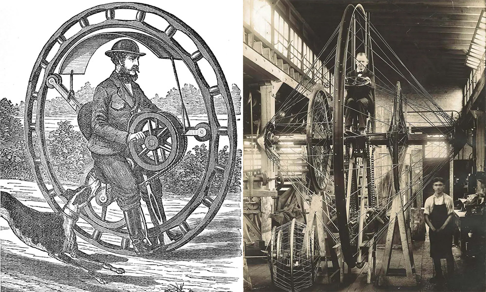 Xe một bánh monowheel của Richard C. Hemmings (trái) và xe một bánh quái vật kích thước 4,3 m của giáo sư E. J. Christie năm 1923. Ảnh: Rare Historical Photos