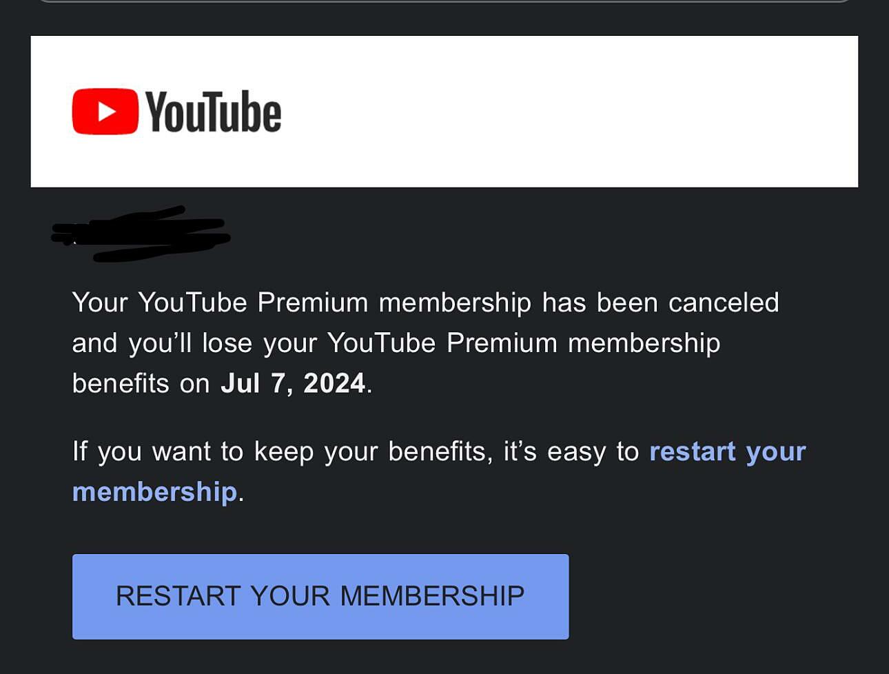 Email của YouTube thông báo hủy gói đăng ký của người dùng. Ảnh: Reddit/Alopez1024