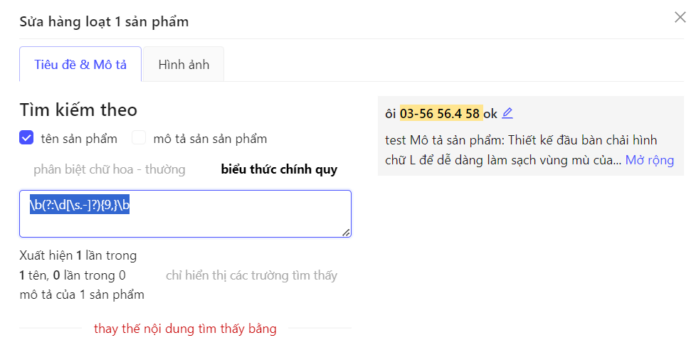 Tìm kiếm và thay thế số điện thoại trong mô tả sản phẩm, sử dụng biểu thức chính quy