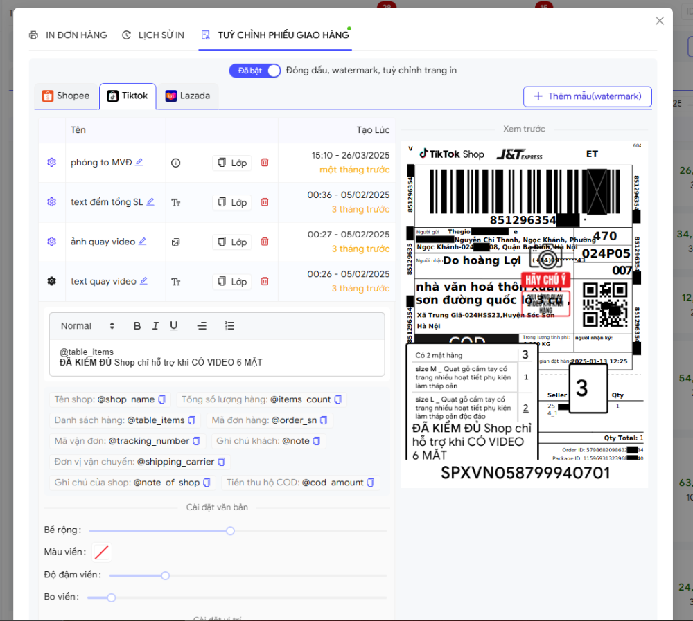 ảnh demo dùng Ship Xanh in mã vận đơn đa kênh 2